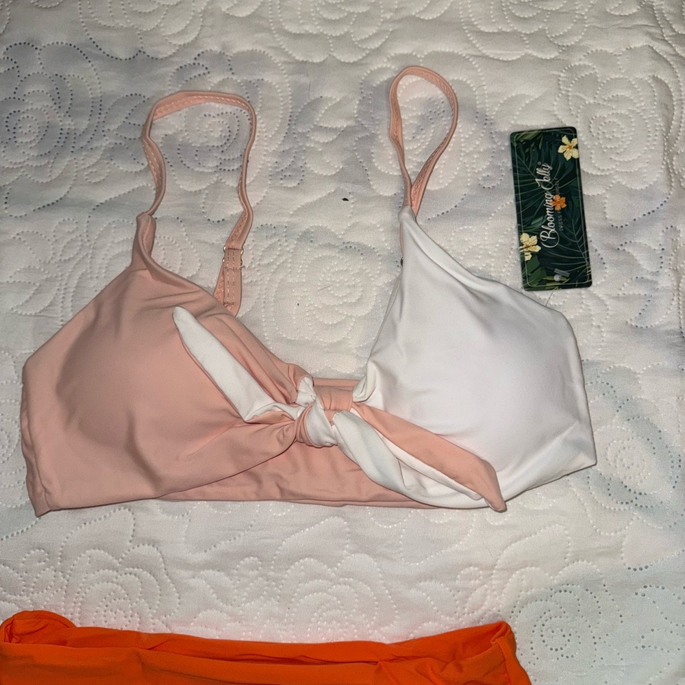 Blooming Jelly - Pink & White Tie-Front Bikini Top with Orange High-Waist Bottom - Picture 6 of 8